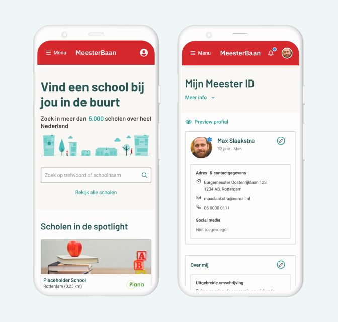 MeesterBaan 2 mobiele schermen,  home, en Mijn meester ID pagina